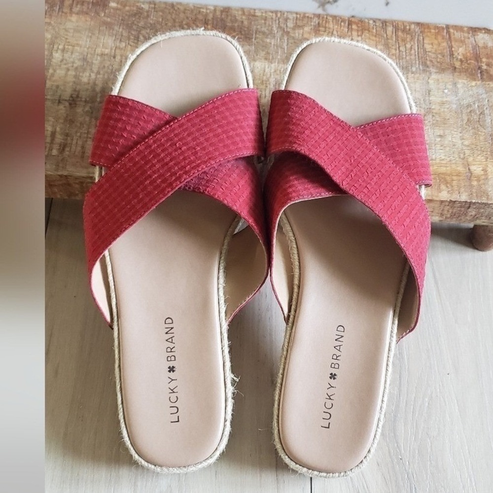 Lucky Brand Gayte Sandals Womens 10M Red Jute Platform Cross Band Slides